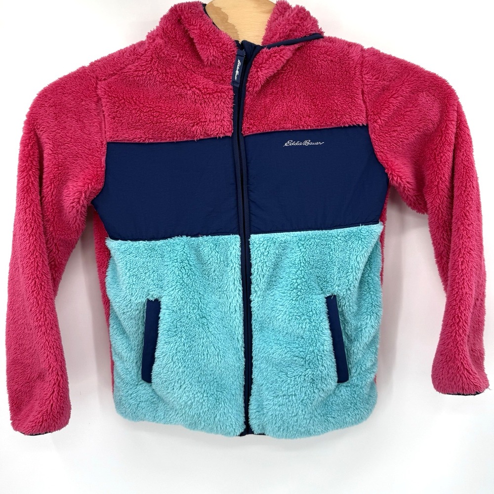 Eddie Bauer Fleece Hoodie Kids L 14/16 Pink Navy Colorblock Full Zip Jacket